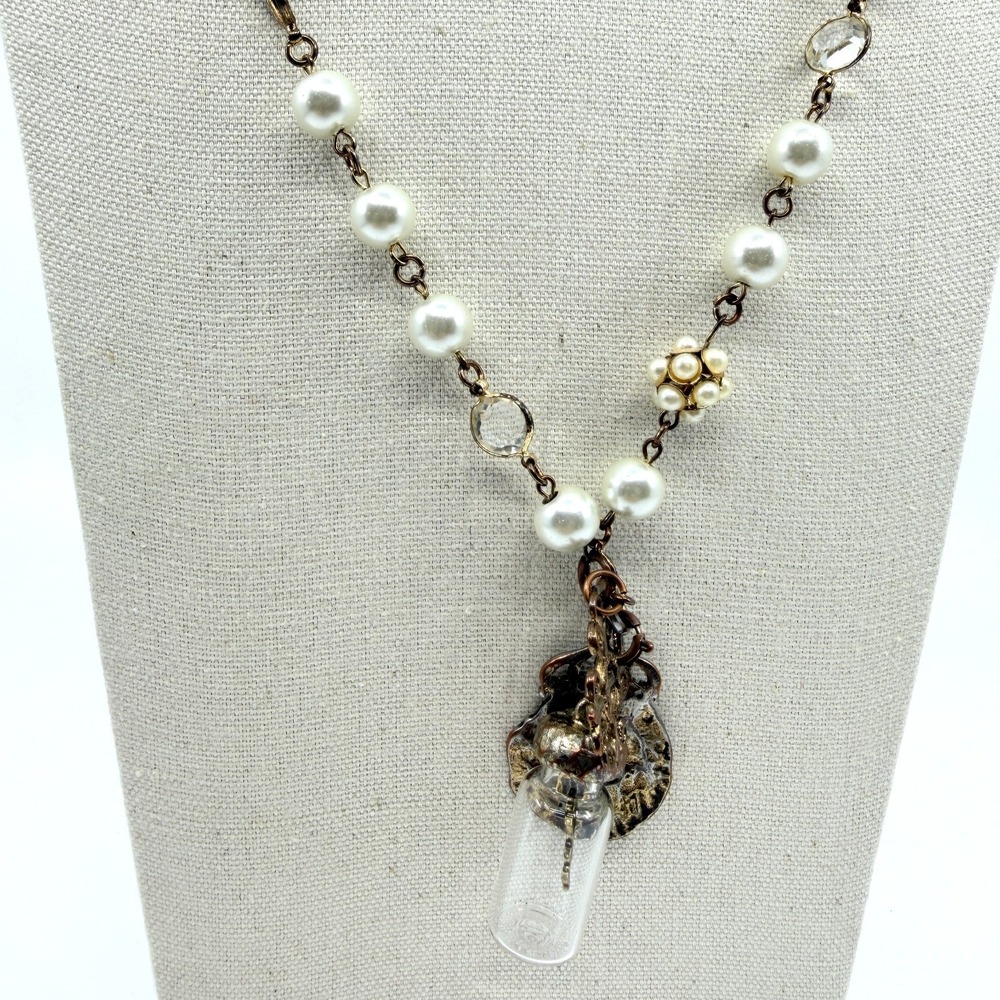 Vintage Steampunk Faux Pearl Necklace Glass Vial Key & Crown Coin Charms 22" 90s